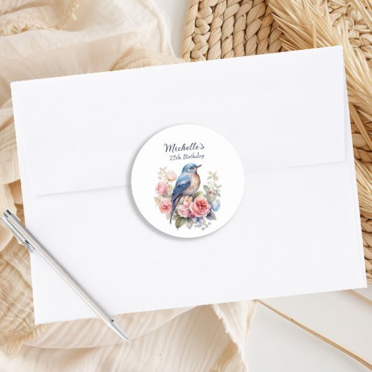 Sticker Rond Oiseau bleu Fleurs roses 75e anniversaire
