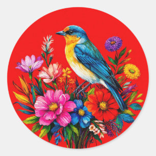 Sticker Rond Oiseau bleu perché parmi des fleurs printanières c