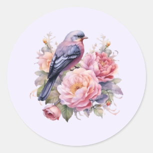 Sticker Rond Oiseau chanteur debout sur des pivoines roses