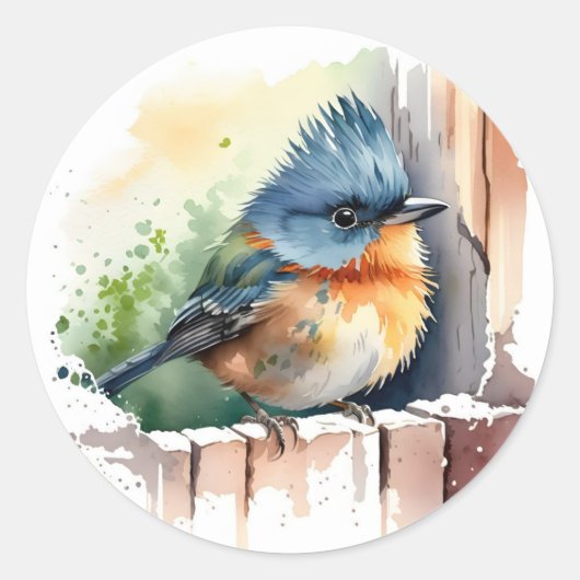 Sticker Rond Oiseau D'Aquarelle Sur Une clôture (Devant)