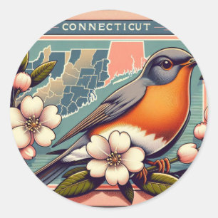 Sticker Rond Oiseau de l'État du Connecticut et rouge fleur
