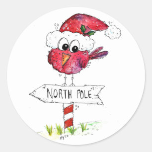 Sticker Rond Oiseau de Noël Rouge Fantaisiste