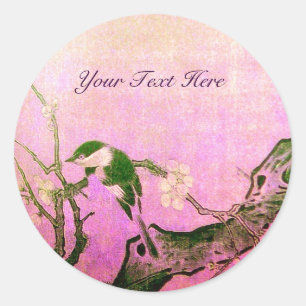 Sticker Rond OISEAU DE PRINTEMPS ET FLEURS D'ARBRE rose Fuchsia