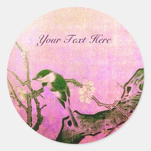 Sticker Rond OISEAU DE PRINTEMPS ET FLEURS D'ARBRE rose Fuchsia (Devant)
