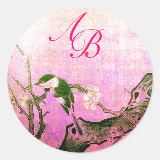STICKER ROND OISEAU DE PRINTEMPS ET MONOGRAMME D'ARBRE FLEURIER (Devant)
