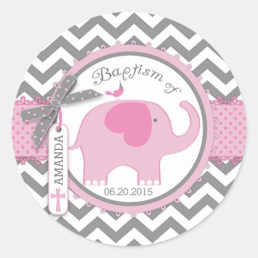 Sticker Rond Oiseau d'éléphant rose et Chevron Imprimer Baptême (Devant)