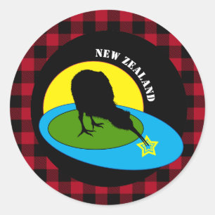 Sticker Rond Oiseau Kiwi & Nouvelle-Zélande, plaid rustique de