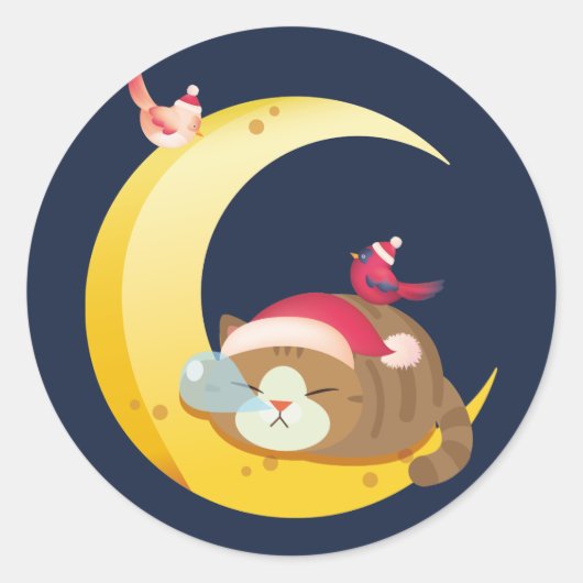 Sticker Rond Oiseau Lune Dormir Kitten Chat Vacances (Devant)