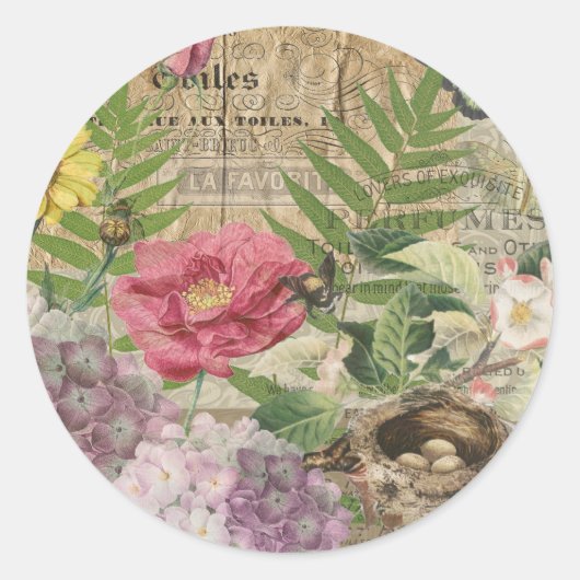 Sticker Rond Oiseau Nid Floral Jardin Fleur Papillon Art (Devant)