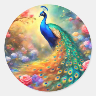 Sticker Rond Oiseau paon 100 avec des fleurs
