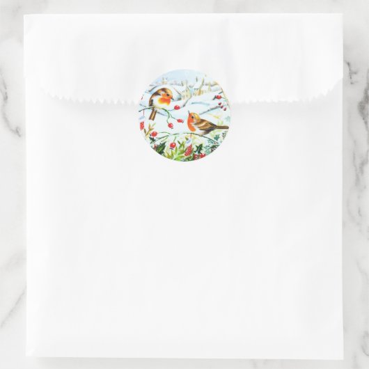 Sticker Rond Oiseau Robin Couple Winter Holly Noël (Sac)