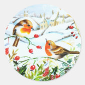 Sticker Rond Oiseau Robin Couple Winter Holly Noël (Devant)