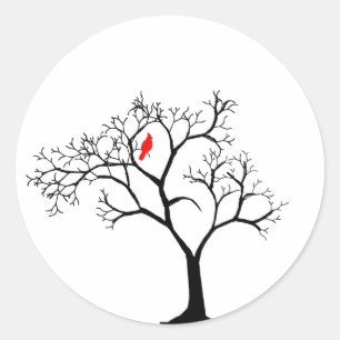 Sticker Rond Oiseau rouge cardinal dans l'arbre d'hiver de