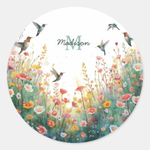 Sticker Rond Oiseaux aquarelle de printemps Monogramme floral F