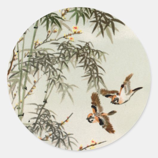 Sticker Rond Oiseaux Bambou Asiatique Japonais Vintage (Devant)