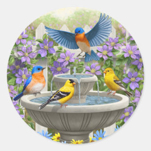 Sticker Rond Oiseaux colorés et jardin de fleurs de bain d'oise