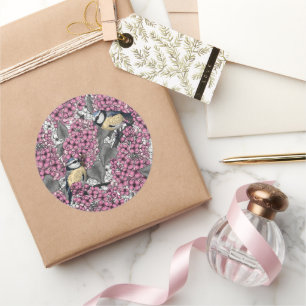 Sticker Rond Oiseaux dans le jardin lilas rose
