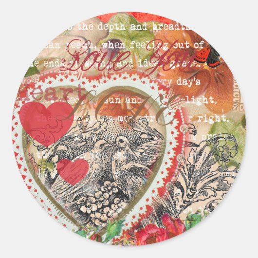 Sticker Rond Oiseaux de l'amour Cœur Rouge Collage d'art (Devant)