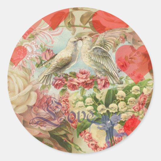 Sticker Rond Oiseaux de l'amour Vintage Antique Cœur (Devant)