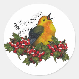 Sticker Rond Oiseaux de Noël Chantant Avec Hollly, Berries
