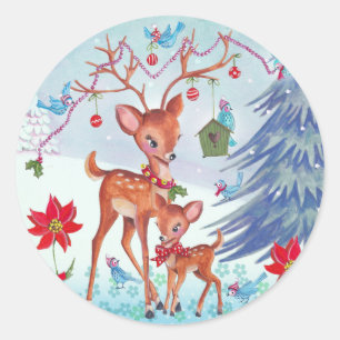 Sticker Rond Oiseaux de Noël des cerfs   Carte de voeux de vaca