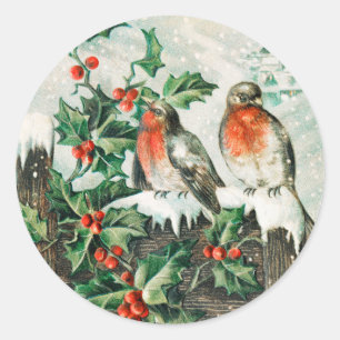 Sticker Rond Oiseaux de Noël Vintage et Neige d'hiver Holly
