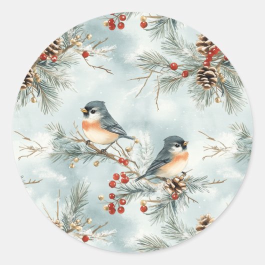 Sticker Rond Oiseaux d'hiver Motif avec Pinecones et neige (Devant)