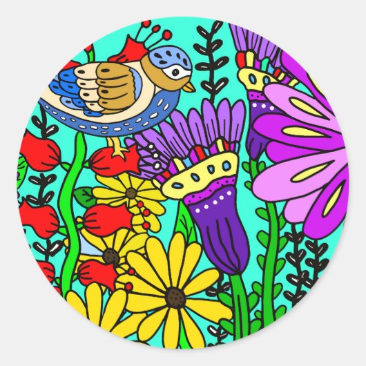 Sticker Rond Oiseaux et fleurs Art folklorique (Devant)