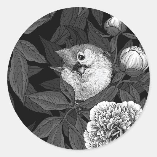 Sticker Rond Oiseaux et fleurs de pivoines monochromes, gris (Devant)