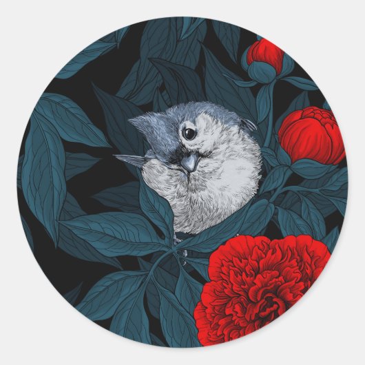 Sticker Rond Oiseaux et fleurs de pivoines rouges avec feuilles (Devant)