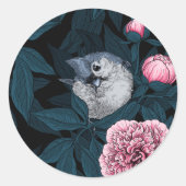 Sticker Rond Oiseaux et fleurs de pivoines rouges avec feuilles (Devant)