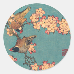 Sticker Rond Oiseaux Fleurs Hokusai Art Japonais