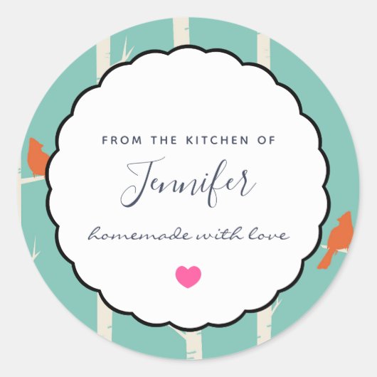 Sticker Rond Oiseaux oranges rétro sur bouleaux Cuisine (Devant)