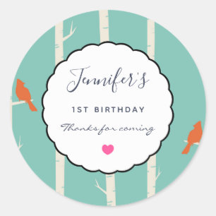 Sticker Rond Oiseaux oranges rétro sur les bouleaux Anniversair