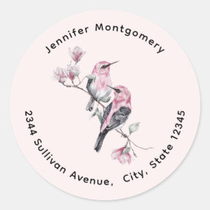 Sticker Rond Oiseaux roses et noirs sur une branche d'arbre Adr