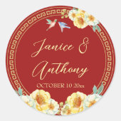 Sticker Rond Oiseaux rouges à fleurs mariage chinois (Devant)