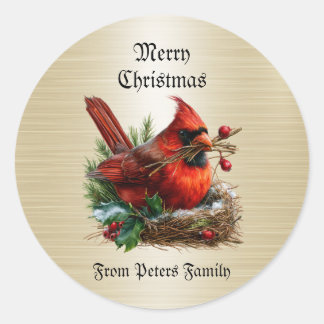 Sticker Rond Oiseaux rouges Cardinal de Noël Fleur Fêtes Party