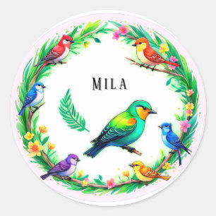 Sticker Rond Oiseaux Tropicaux Colorés Autour d'un Cadre Floral
