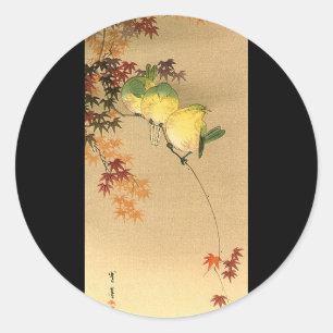 Sticker Rond Oiseaux verts sur l'érable, Art japonais c.1800