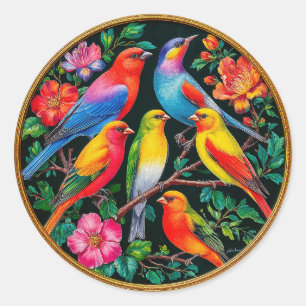 Sticker Rond Oiseaux Vibrants Posés sur des Branches en Fleurs