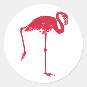 Sticker Rond Oiseaux vintage, un flamant rose avec une patte le