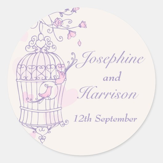 Sticker Rond Oiseaux violets et roses à cage ouverte autocollan (Devant)