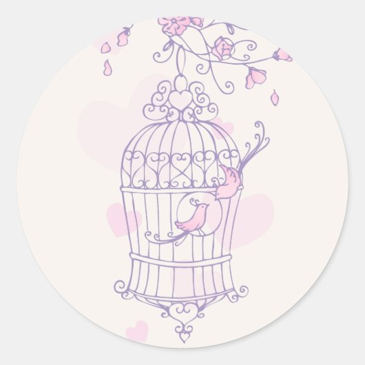Sticker Rond Oiseaux violets et roses à cage ouverte autocollan (Devant)