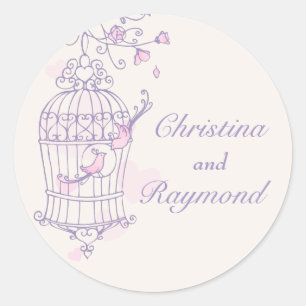 Sticker Rond Oiseaux violets et roses à cage ouverte autocollan