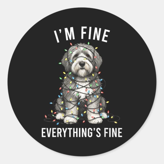 Sticker Rond Old English Sheepdog Christmas I'm Fine Everything (Devant)