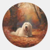Sticker Rond Old English Sheepdog en automne Leaves Fall Inspir (Devant)