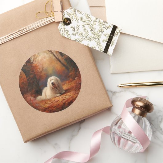 Sticker Rond Old English Sheepdog en automne Leaves Fall Inspir (Cadeaux)