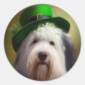 Sticker Rond Old English Sheepdog en tenue de la Saint-Patrick (Devant)