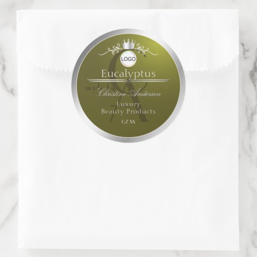 Sticker Rond Olive Product Label Silver Frame Logo and Monogram (Sac)