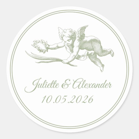 Sticker Rond Olive Toile de Jouy Cupid Classic Round Wedding St (Devant)
